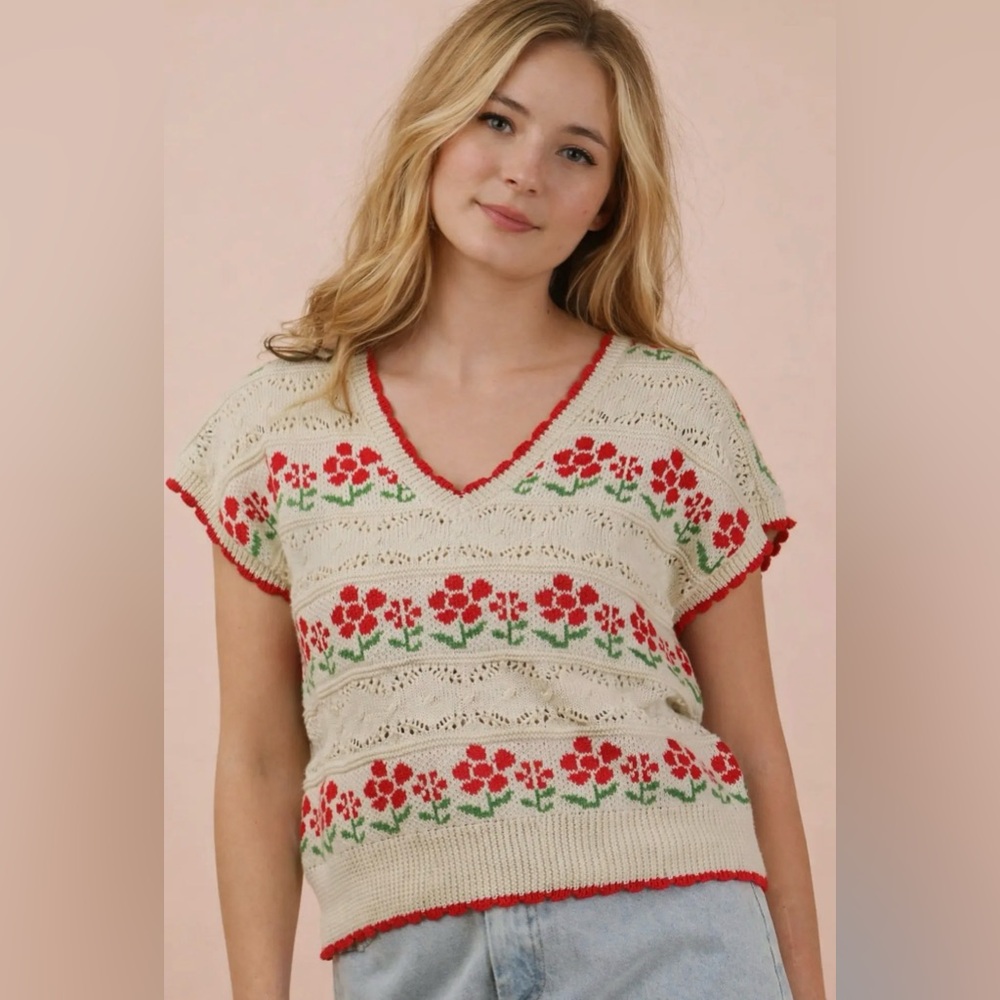 Floral Graphic Knit Sweater Vest - Ivory